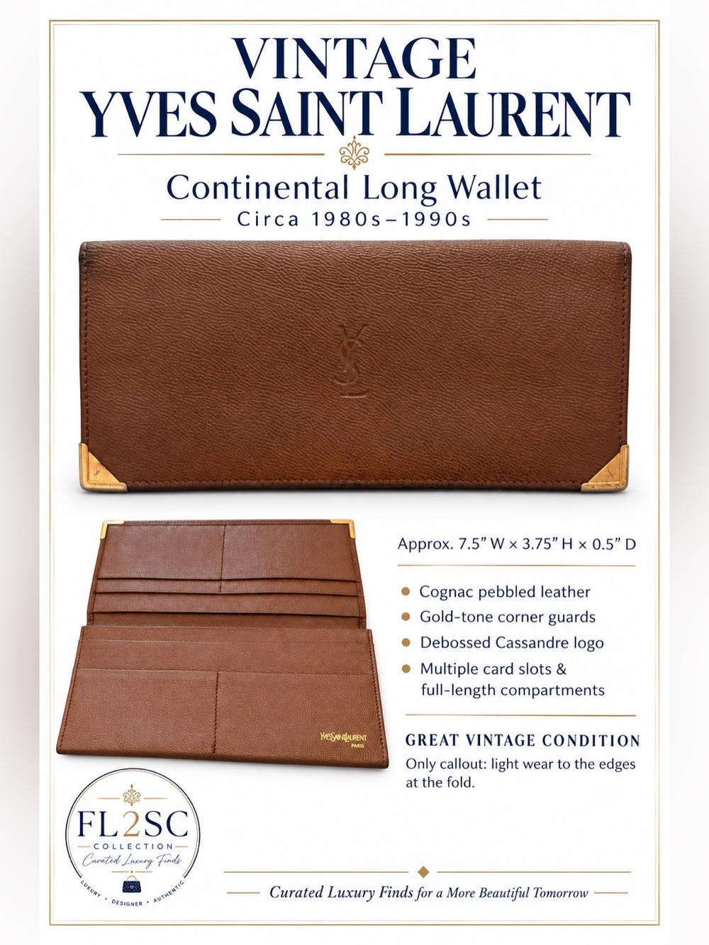 Yves Saint Laurent Cognac Leather Continental Long Wallet with Gold Corners